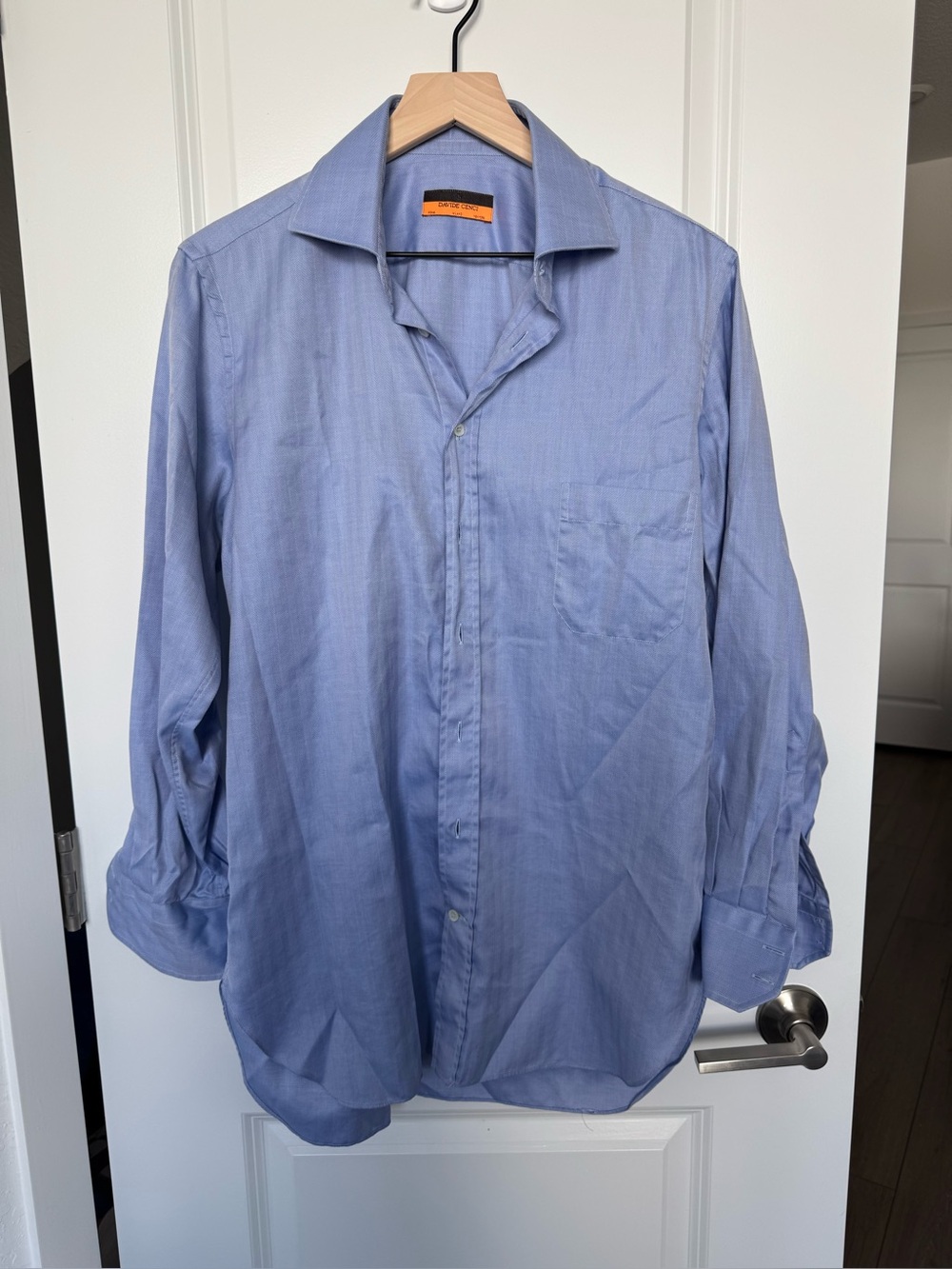 Davide Cenci Mens Dress Shirt 39 L Blue Herringbone Made in Italy